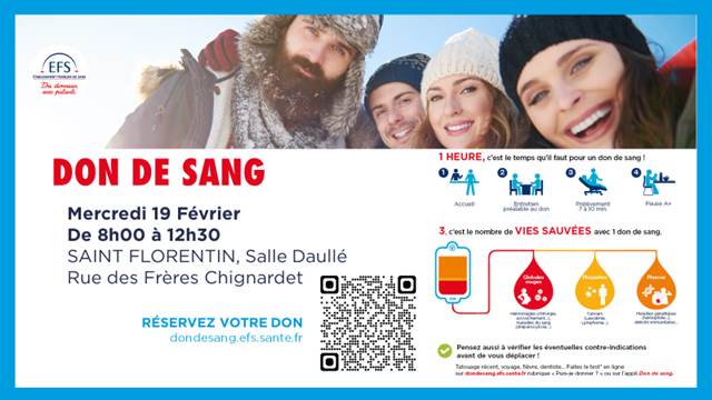 Don du sang à Saint-Florentin mercredi 19 février de 8h00 à 12h30