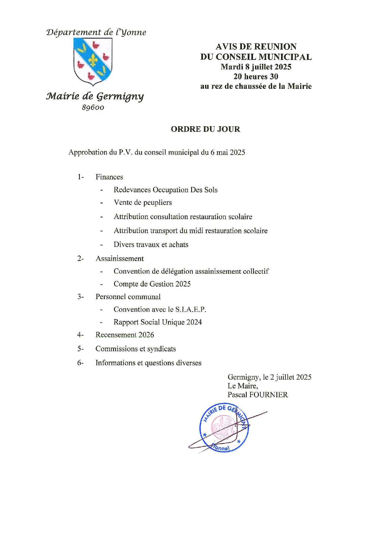 Avis conseil municipal mardi 8 juillet à 20h30