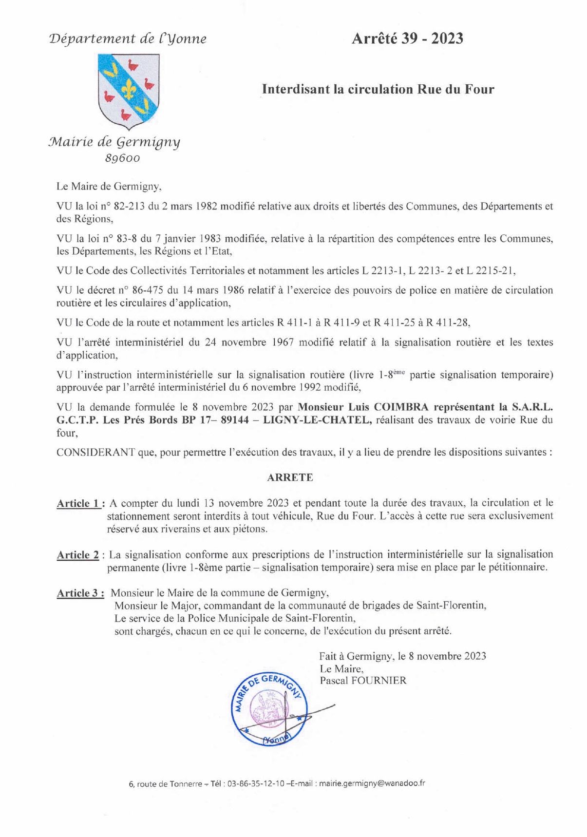 Arrete 39 2023 Circulation interdite rue du four